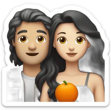 A couple consisting in a white man with long black hair and a blonde white woman holding an orange and white cat with long hair sticker