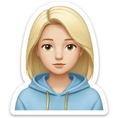 Woman with oval face, light blonde straight hair parted to the side, dreamy expression, wearing a light blue hoodie with gold and white accents sticker