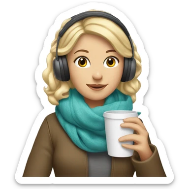 Blonde girl wearing a scarf, hand holding a cup and wearing headphones  sticker