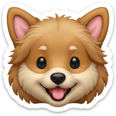 Dog face only, light brown fluffy dog, darker ears, small black nose, happy smiling with tongue out, simple emoji icon. sticker