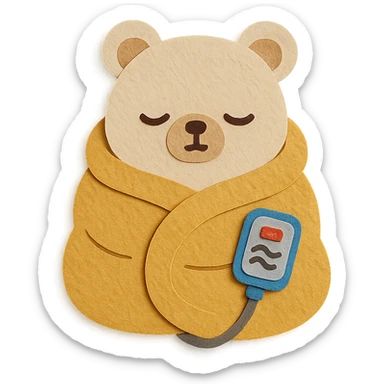 chibi electric blanket-bear hybrid, fluffy, wrapped around itself, sleepy face, soft beige, full-body sticker