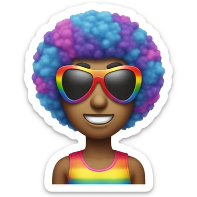 A nervous emoji with heart shaped sunglasses and a rainbow Afro wig sticker