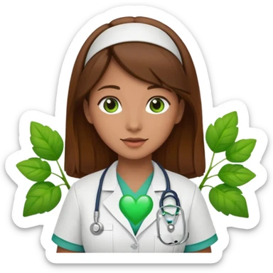 Brown hair Nurse with green heart and plant surround her  sticker
