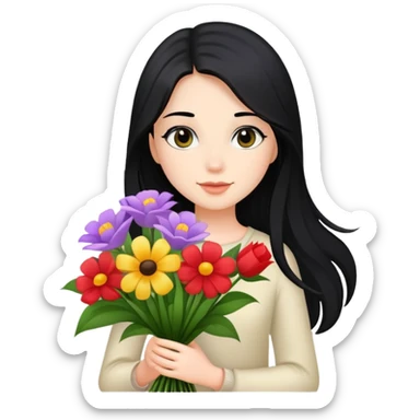 Beautiful girl with long black hair holding a bouquet of flowers sticker