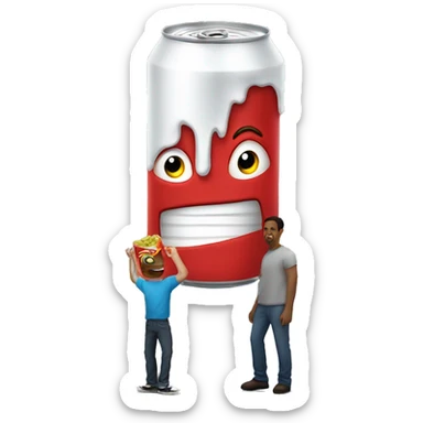 A comically large can towering over a man  sticker