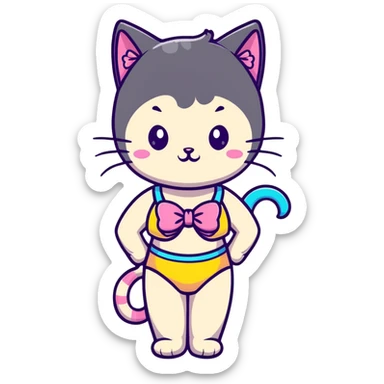 Cute short cat girl with bow, big head and small body in a colorful swimsuit, kawaii style sticker