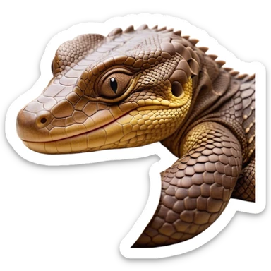 Meme-Worthy cute Sleeping Monitor Lizard Portrait Emoji, Head resting peacefully with a contented smile, showcasing intricately patterned scales and eyes gently closed in serene slumber, Simplified yet comically adorable features, highly detailed, glowing with a soft, drowsy earthy light, high shine, relaxed and utterly lovable, stylized with an air of playful laziness, bright and heartwarming, soft glowing outline, capturing the essence of a sleeping reptilian guardian that feels destined to become the next viral icon of adorable rest! sticker