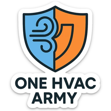 abstract HVAC swirl forming a shield logo for One HVAC Army, clean lines, blue and orange colors sticker