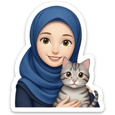 White girl wearing dark blue hijab with white shirt smiling while holding a black grey tabby cat sticker