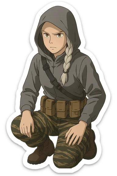1 female, mid-20's  white hair long braid, gold yellow eyes, gray waterproof tactical shirt hoodie, hood up, single point sling, tan mag pouches on belt rig, tiger stripe camo pants, kneeling, stern focused expression sticker