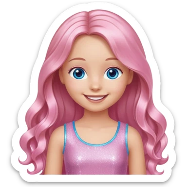 A digital portrait of a girl with long flowing hair, wearing a sparkly pink top, exuding a joyful smile with blue eyes and a gentle, doll-like look sticker