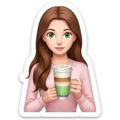 pretty woman with very long brown hair and green eyes and light pink outfit with a latte sticker