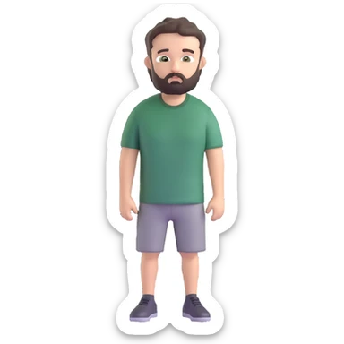white man with dark messy short hair, dark green eyes, gray t-shirt, and short beard sticker