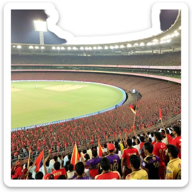 "Create a vibrant and dynamic scene of an IPL cricket match between Royal Challengers Bangalore (RCB) and Kolkata Knight Riders (KKR). The stadium is packed with a massive crowd, cheering, waving flags, and enjoying the thrilling game. The players are in action, with one team batting and the other fielding. Bright stadium lights illuminate the field, and the atmosphere is electric with excitement. Fans are wearing team jerseys, holding banners, and celebrating every boundary and wicket. Capture the energy, enthusiasm, and passion of cricket lovers in this high-stakes match."

 sticker