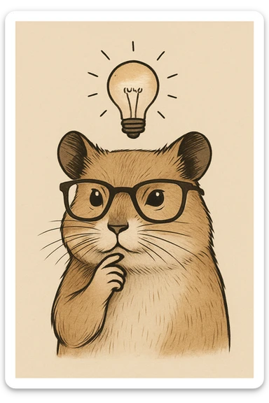 a stylized illustration of a hamster with a paw on its chin, trendy glasses, and a bright idea lightbulb, not kiddish, mature and contemporary style sticker