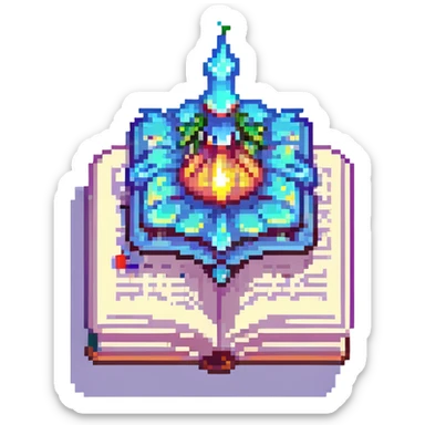 Add a magical glowing aura around the pixel art open enchantment book, keep background transparent. sticker