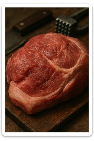 Macro fotografia di carne di maiale cruda, con dettagli che ricordano la consistenza e il colore della carne umana, posata su un tagliere di legno accanto a strumenti da cucina. Atmosfera realistica e leggermente inquietante. sticker