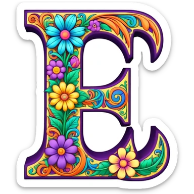 3D, gothic style psychedelic colored Letter L with hippie style flower border sticker