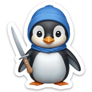 Cute and little penguin wearing a blue cloth in his head and holding a  knife  sticker