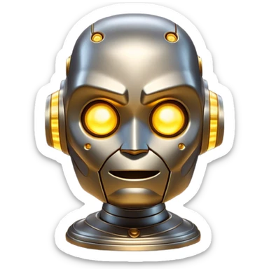 Cinematic Cute Mighty Iron Golem Portrait Emoji Head tilted playfully and inquisitively, featuring a sleek yet sturdy metal form with smooth, polished steel plating and glowing golden engravings, accented by faintly humming energy veins that pulse with life; rendered with lifelike clarity and soft, natural reflections, high shine, charming yet robust, styled with a touch of whimsical fantasy, soft glowing outline, capturing the essence of a watchful yet endearing golem, as if it might shift its massive head with a slow, thoughtful nod at any moment! sticker