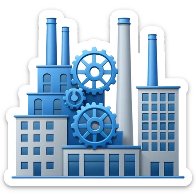 "A minimalist vector icon of a modern manufacturing factory building with a gear symbol above it. Blue and grey color scheme, flat design, white background, simple thick lines, professional business logo style." sticker