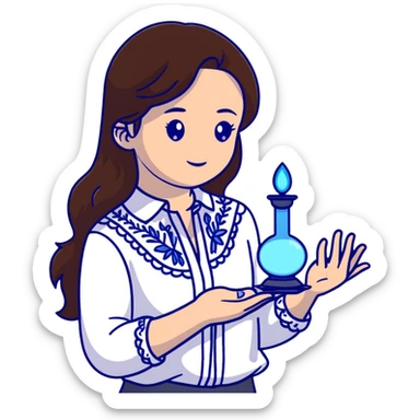 Ukrainian young girl with long brown hair in a white traditional embroidered shirt, cupping a small glowing blue light in her hands representing her soul sticker