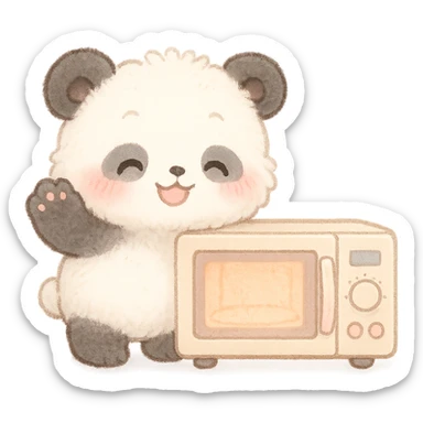 soft fluffy panda microwave oven, chibi style, blushing, waving happily, soft pastel colors, full-body sticker