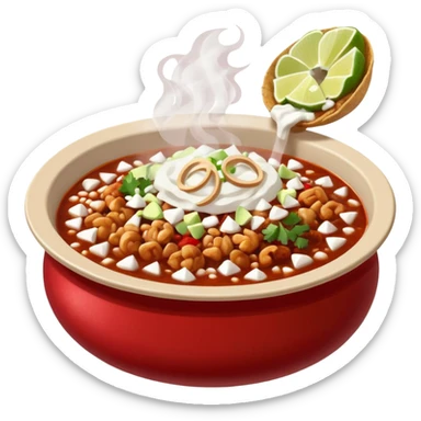 A delicious hot bowl of pozole rojo emoji. Steam rising. Hominy visible. Place the sides next to the bowl: chopped onions, shredded cabbage, lime wedges, red chile de arbol salsa, and full round tostadas with a light smear of sour cream sticker