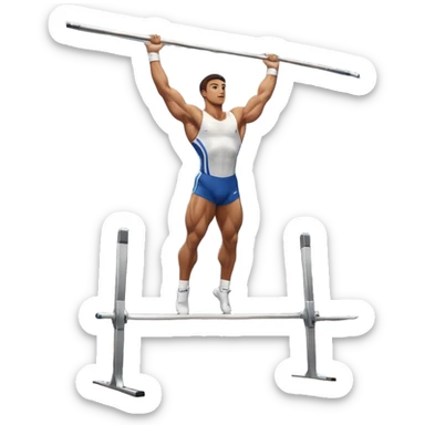 A professional male athlete performing on the parallel bars, showcasing strength and grace. His body is in mid-motion as he holds a perfect inverted position, demonstrating control and balance. The background features a bright gymnasium with high ceilings and a crowd cheering in the distance. sticker