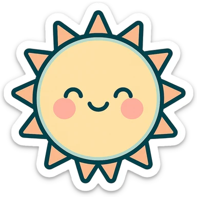 smiling kawaii sun with blushing cheeks, icon-color-outlined style, detailed shading, thin clean outlines, soft rounded features, pastel palette #98B5BC #B5B3C1 #C9A3C9 #E4C0CA #F7DCD1 #F7C0AA, Japanese pop art, sticker look, highly detailed, vector clarity, soft lighting, subtle shadows, transparent background sticker