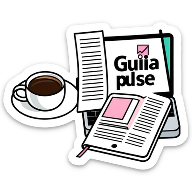 pink magazine with the title 'Guia Pulse' on the cover, next to a coffee cup and a MacBook sticker
