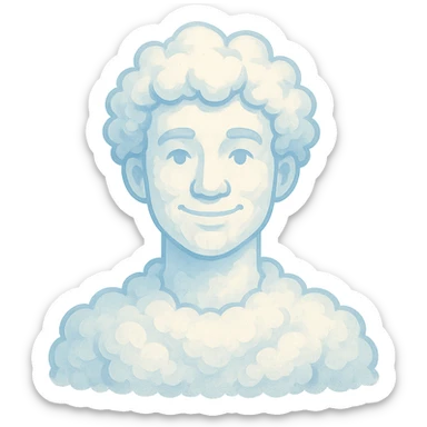 bright and recognizable person from shoulders, front view, composed of cloud-like shapes similar to reference, no text sticker