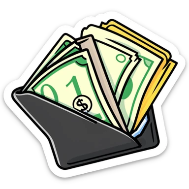 black leather wallet open with dollar bills inside and a small analog clock in top right corner floating above the wallet sticker