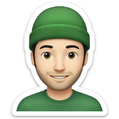 30-year-old French man with short black hair, green beanie, stubble, smiling sticker