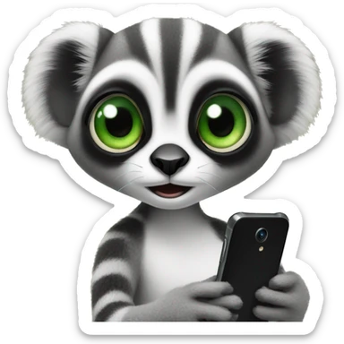 female lemur with giant green eyes uses a phone sticker