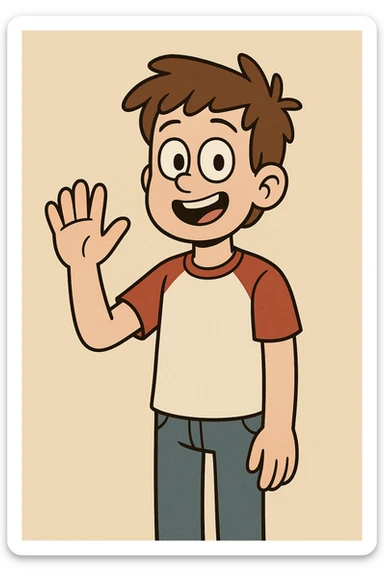 A boy brown hair black eyes red white shirt blue jeans a hand hello  sticker