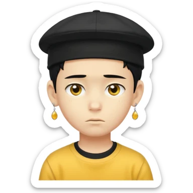 Create me an emoji like that, sad, with earrings, a black cap backwards, yellow skin like an emoji, and short hair down to the nape of my neck. Let it be a boy sticker