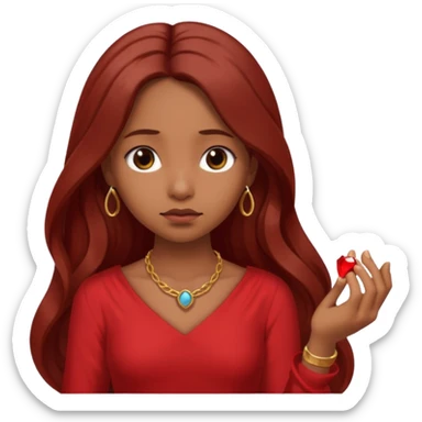 Brown girl red dress long hair sad face no jewelry just a ring in her hand  sticker