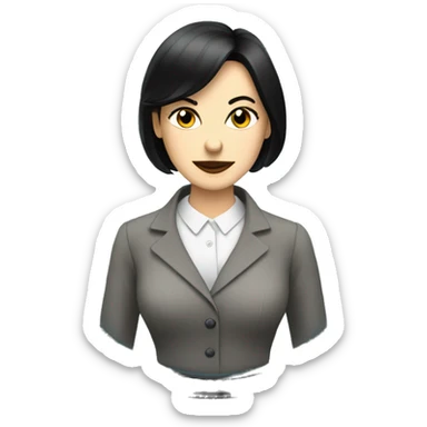 a well dressed white woman, black hair, with a text bubble and a clock sticker