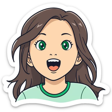 white girl, long brunette hair, green eyes screams screams with delight joy on her face sticker