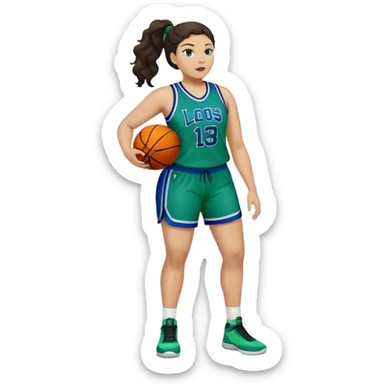 full body plus size light skin latino women basketball player with wavy dark hair in pony tail wide nose wearing blue with green uniform sticker