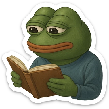 pepe the frog reading a book, calm and detailed, gpt-image style sticker