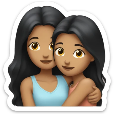 sisters hug, black long hair tan skin sticker