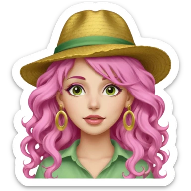 pink haired very long curly haired woman with full face light green clay mask  and big earrings and hat sticker