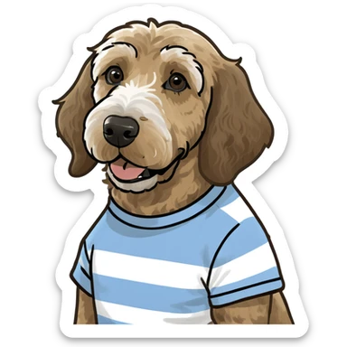 Dark brown fur Golden doodle wearing light blue & white striped tshirt sticker