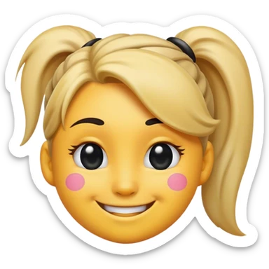 smiling emoji facing the left with a black dot on the cheek and a ponytail sticker
