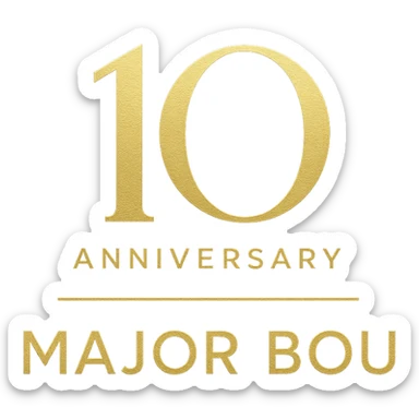 Elegant 10th anniversary logo for Major Bou with gold accents and a modern sans-serif font sticker