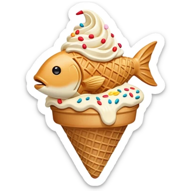 Taiyaki ice cream cone, fish-shaped waffle with soft serve sticker