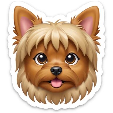 Cinematic Comical Yorkshire Terrier Portrait Emoji, Head tilted dramatically with an exaggeratedly surprised, comical expression and wide, expressive eyes, featuring a perky, well-groomed fur in rich hues, simplified yet hilariously detailed, glowing with a bold, sassy radiance, high shine, exuding playful mischief and cheeky terrier attitude, styled with a soft glowing outline, capturing the essence of a Yorkshire Terrier that appears ready to comically dash out of the frame! sticker