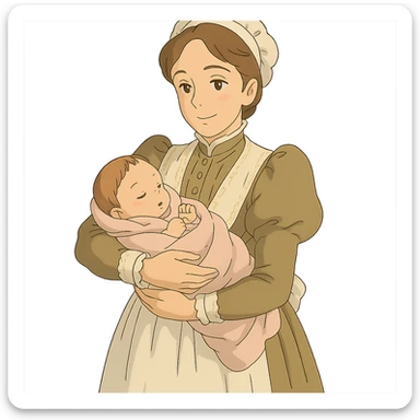 victorian midwife with background holding a baby sticker